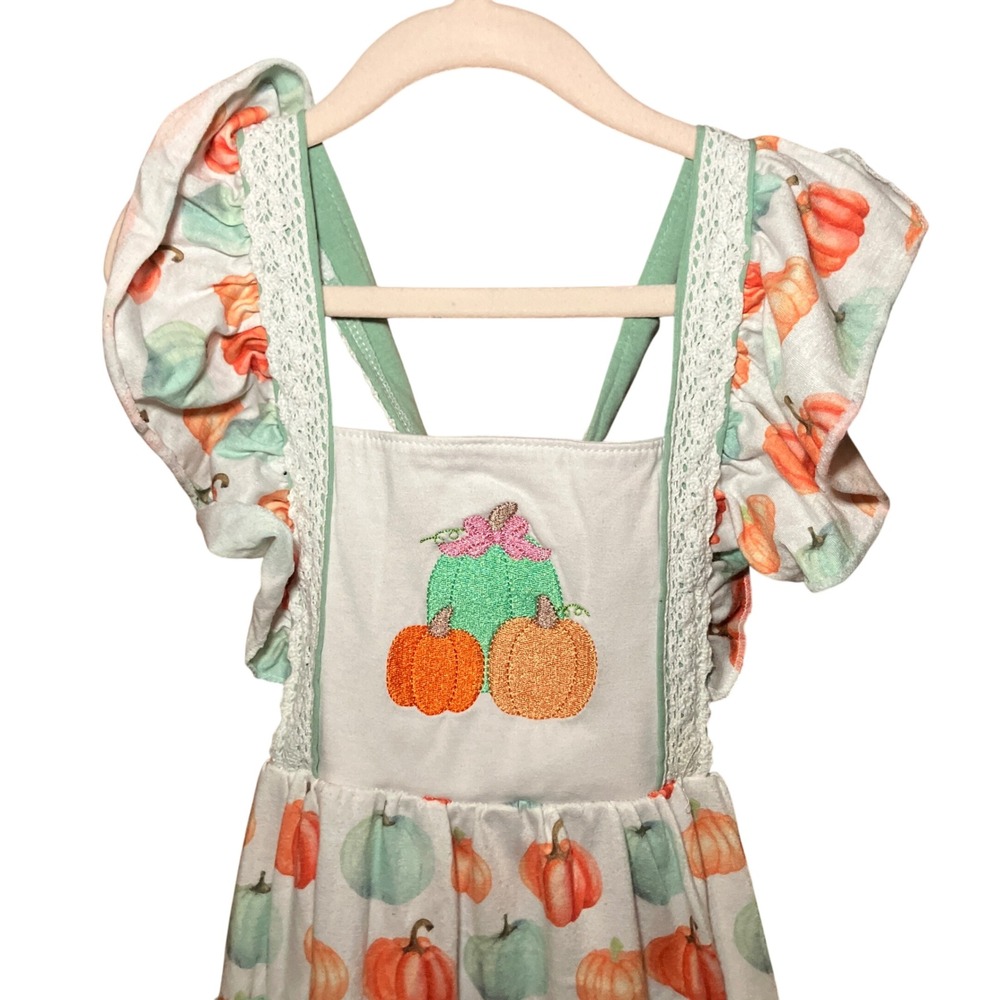 Honey Bean Pumpkin Pinafore Dress Kids 6 White Orange Fall Embroidery
Harvest - Picture 2 of 8